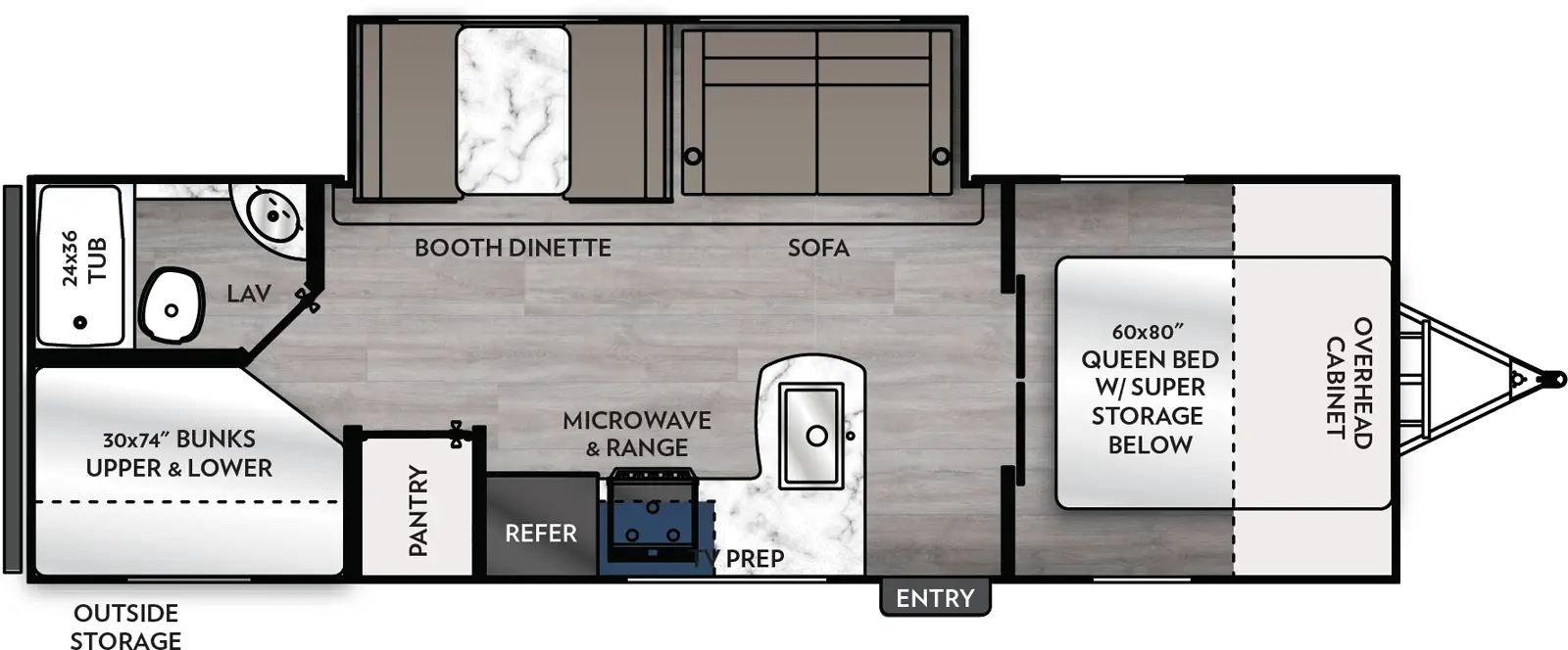 The Apex Ultra-Lite 26BHX floorplan has one entry and one slide out. Exterior features include: fiberglass exterior and 14' awning. Interiors features include: bunk beds and front bedroom.